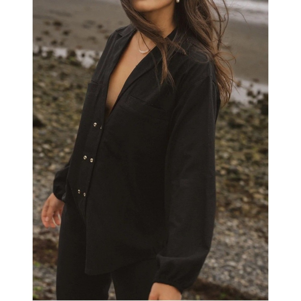 Harly Jae House Blouse Women Small Black Raw Silk Double Breasted Button Down